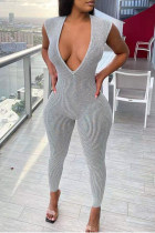 Grey Sexy Solid Patchwork V Neck Skinny Jumpsuits