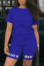 Royal Blue Casual Print Patchwork O Neck Short Sleeve Two Pieces