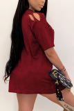 Burgundy Sexy Solid Hollowed Out O Neck A Line Plus Size Dresses