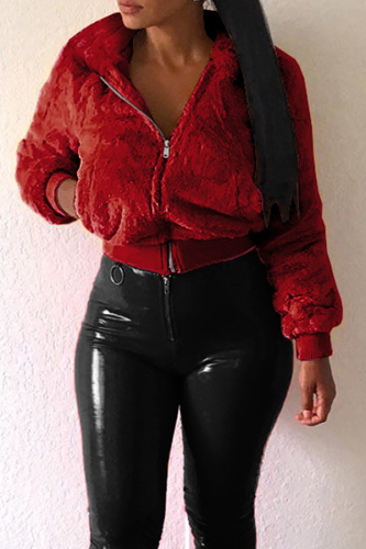 Wine Red O Neck Solid Pure Long Sleeve Coats & Cardigan