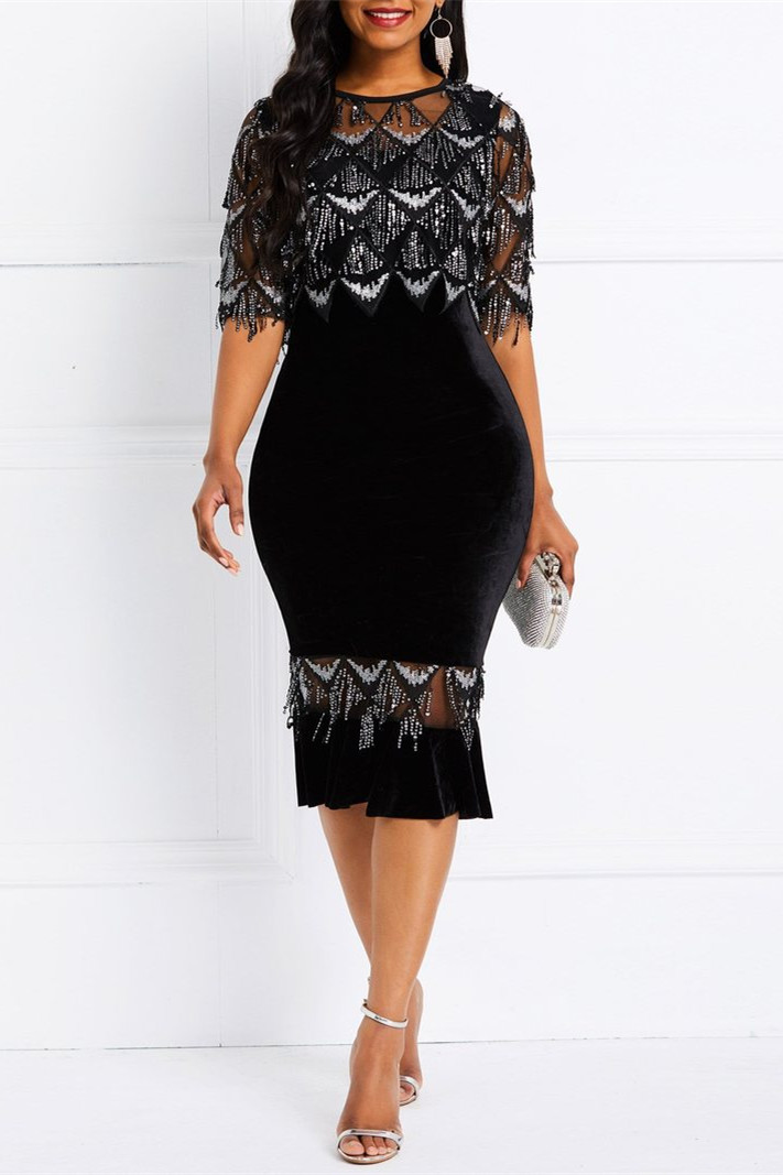 Fashion Sexy Sequin See-through Black Skinny Bodycon Dress
