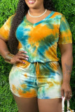 Blue and gray Casual Print Tie Dye O Neck Plus Size Jumpsuits