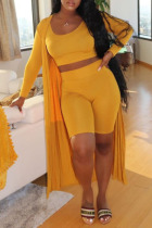 Yellow Sexy Solid Cardigan Capris U Neck Sleeveless Three Pieces