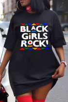 Black  Fashion Casual Ma'am O Neck Print Plus Size 