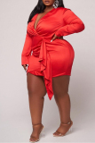 Red Sexy Solid V Neck Wrapped Skirt Plus Size Dresses