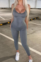 Grey Sexy Solid Split Joint Spaghetti Strap Skinny Jumpsuits