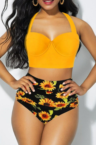 Yellow Sexy Vacation Print Bandage Backless Swimwears
