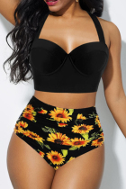 Black Sexy Vacation Print Bandage Backless Swimwears