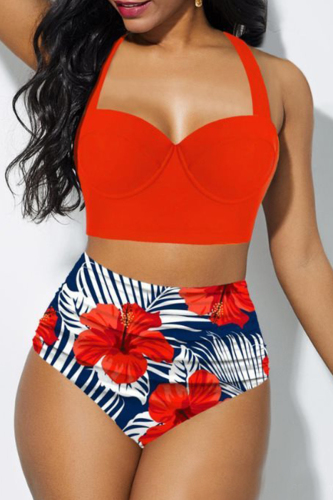 Tangerine Sexy Vacation Print Bandage Backless Swimwears