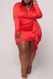 Red Sexy Solid V Neck Wrapped Skirt Plus Size Dresses