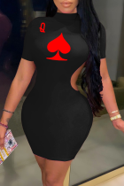 Black Street Print Hollowed Out Half A Turtleneck Pencil Skirt Dresses