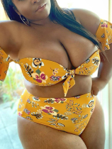 Yellow Sexy Print Patchwork Off the Shoulder Plus Size Swimwear