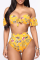 Yellow Sexy Print Patchwork Off the Shoulder Plus Size Swimwear