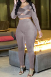 Grey Fashion Sexy Solid Hollowed Out V Neck Long Sleeve Two Pieces