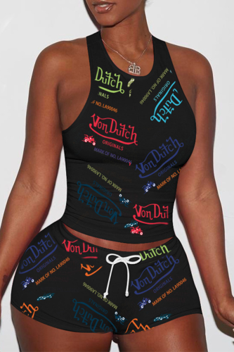 Black Sexy Print Patchwork U Neck Sleeveless Two Pieces