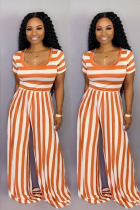 Orange Casual Fashion Asymmetrical Striped Polyester Short Sleeve Peter Pan Collar  Jumpsuits