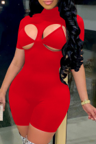 Red Sexy Solid Patchwork Turtleneck Short Sleeve Two Pieces