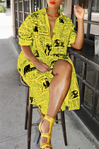Yellow Fashion Printed Blending Knee Length Dress
