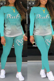 Light Blue Casual Print Letter O Neck Long Sleeve Two Pieces
