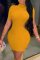 Yellow Sexy Solid Hollowed Out Turtleneck Pencil Skirt Dresses