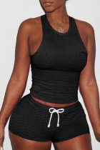 Black Sexy Solid Backless O Neck Sleeveless Two Pieces