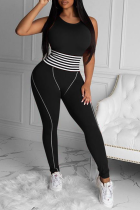 Black Sexy Striped Patchwork O Neck Skinny Jumpsuits