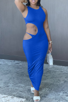 Blue Sexy Solid Hollowed Out O Neck Pencil Skirt Dresses