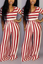 Wine Red Casual Fashion Asymmetrical Striped Polyester Short Sleeve Peter Pan Collar  Jumpsuits