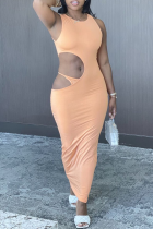 Tangerine Red Sexy Solid Hollowed Out O Neck Pencil Skirt Dresses