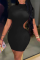 Black Sexy Solid Hollowed Out Turtleneck Pencil Skirt Dresses