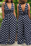 Navy blue Casual Dots Printed One-piece Jumpsuit