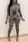 Grey Sexy Print Pullovers Half A Turtleneck Long Sleeve Two Pieces