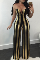 Black Sexy Dew Shoulder Striped Black-gold Polyester One-piece Jumpsuits