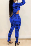 Blue Sexy Print Pullovers Half A Turtleneck Long Sleeve Two Pieces