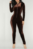 Brown Fashion Zipper Design Velvet One-piece Jumpsuits