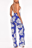 Blue Slip Backless High Slit Leaf Print Jumpsuit