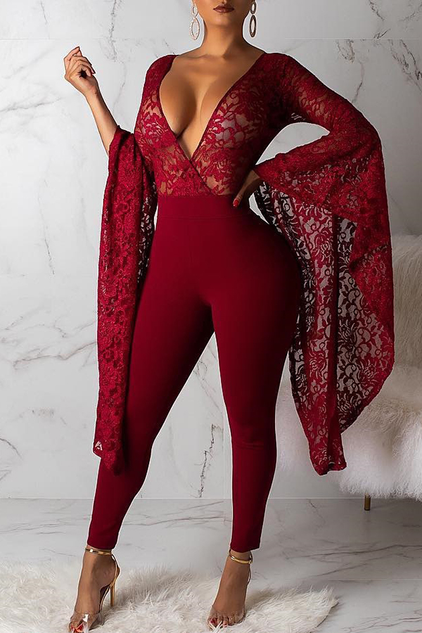 Wine Red Trendy Asymmetrical Lace One-piece Jumpsuit