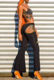 Black Sexy Solid Hollowed Out Boot Cut Mid Waist Speaker Solid Color Bottoms