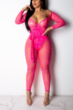 Pink Sexy Deep V-Neck Mesh Perspective Jumpsuit(With Belt )