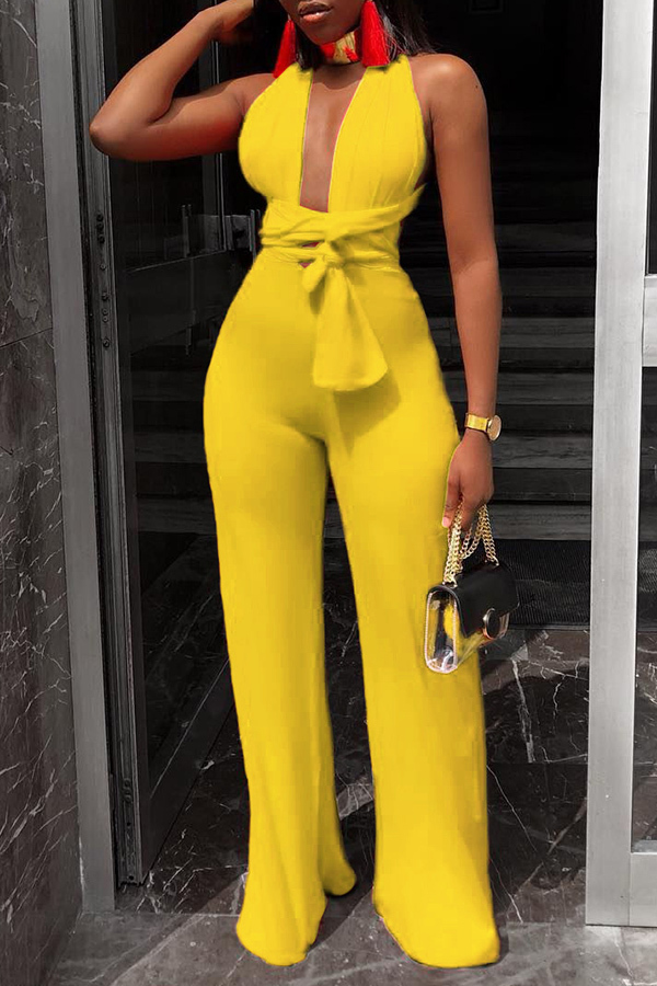 Yellow Sexy Deep V Neck One-piece Jumpsuits