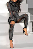 Black Sexy Round Neck See-Through Hot Drilling Decorative One-piece Jumpsuits(Without Lining)
