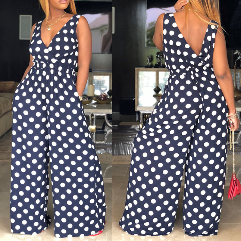 Wholesale Navy blue Casual Dots Printed One-piece Jumpsuit YQ1807052024 ...