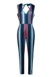 Dark blue Casual Striped Blending One-piece Jumpsuit