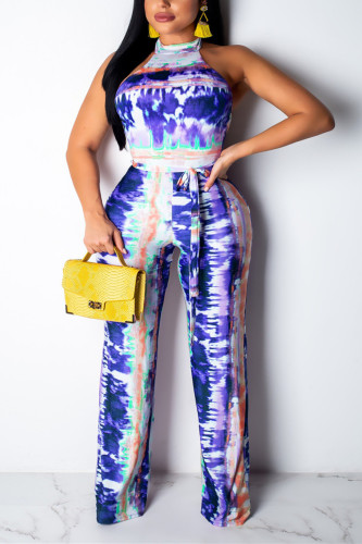 Blue Sexy Printed Jumpsuits