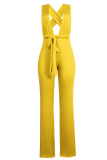 Yellow Sexy Deep V Neck One-piece Jumpsuits