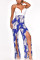 Blue Slip Backless High Slit Leaf Print Jumpsuit