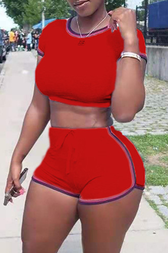 Red Casual Solid Patchwork O Neck Short Sleeve Two Pieces