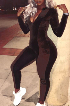 Brown Fashion Zipper Design Velvet One-piece Jumpsuits