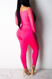 Pink Sexy Deep V-Neck Mesh Perspective Jumpsuit(With Belt )