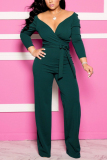 Navy Blue Sexy Solid Patchwork Long Sleeve V Neck Jumpsuits